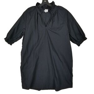 Sundays Black Ruffle Neck V-Neck Shift Dress Womens Medium Raglan Sleeve Mini